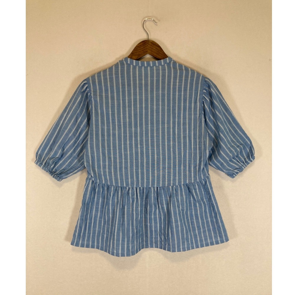Coastal Ingrid & Isabel Women XS Blue Striped Puff Sleeve Peplum Button Top - Picture 2 of 10